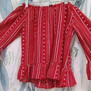 Off the shoulder red and white blouse